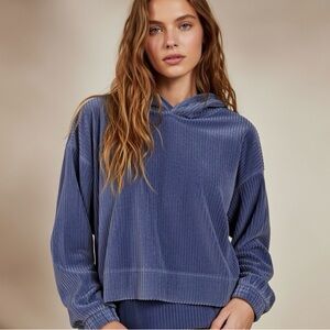 Aerie Soft Corduroy Cropped Hoodie Pullover XXS Dusty Blue